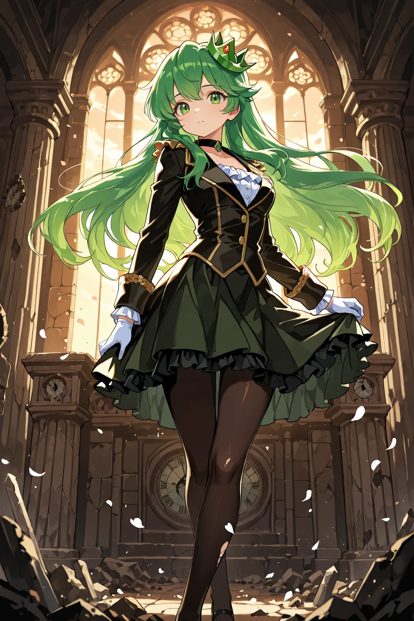 top quality, masterpiece, Ultimate Level of Detail Vannamelon, noble, noble girl, long hair, Green Hair, green eyes, elegant black and gold military uniform, skirt, pantyhose, Lace Embellished , frills, choker, white gloves, Aristocrat Standing, Proud Expr...