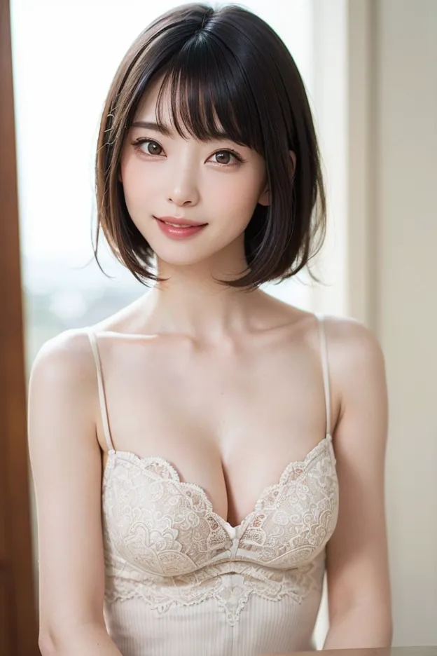 (Ultimate Masterpiece、 top quality、Ultra High Resolution、 face focus focus 、Focus on the side、neckline、Very attractive beauty、add strong highlights to the eyes、look closely at the camera:1.4、Really beautiful bangs:1.short brunette bob(bangs:1.4), dark ha...