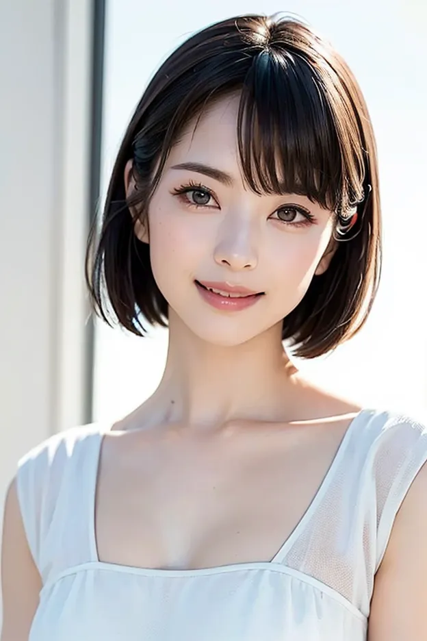 (Ultimate Masterpiece、 top quality、Ultra High Resolution、 face focus focus 、Focus on the side、neckline、Very attractive beauty、add strong highlights to the eyes、look closely at the camera:1.4、Really beautiful bangs:1.short brunette bob(bangs:1.4), dark ha...