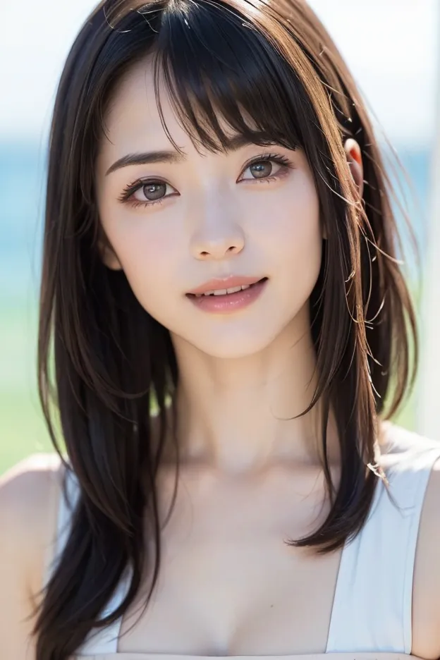 (Ultimate Masterpiece、 top quality、Ultra High Resolution、 face focus focus 、Focus on the side、neckline、Very attractive beauty、add strong highlights to the eyes、look closely at the camera:1.4、Really beautiful bangs:1.short brunette bob(bangs:1.4), dark ha...