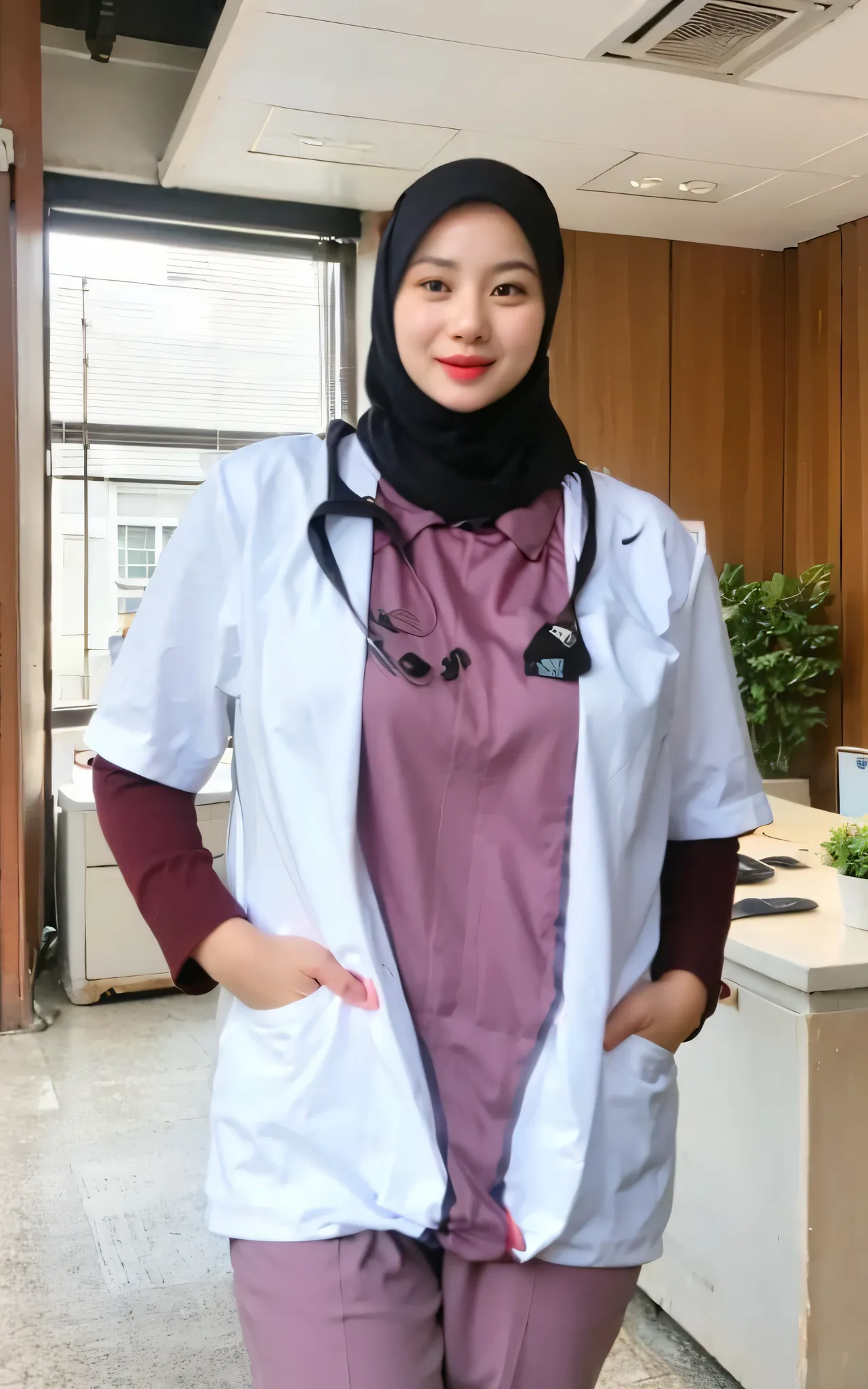  Hijab girl, big boob, chinese girl, girl in office room, white skin,large beauty smile,open mouth, tooth visible, her showing dress