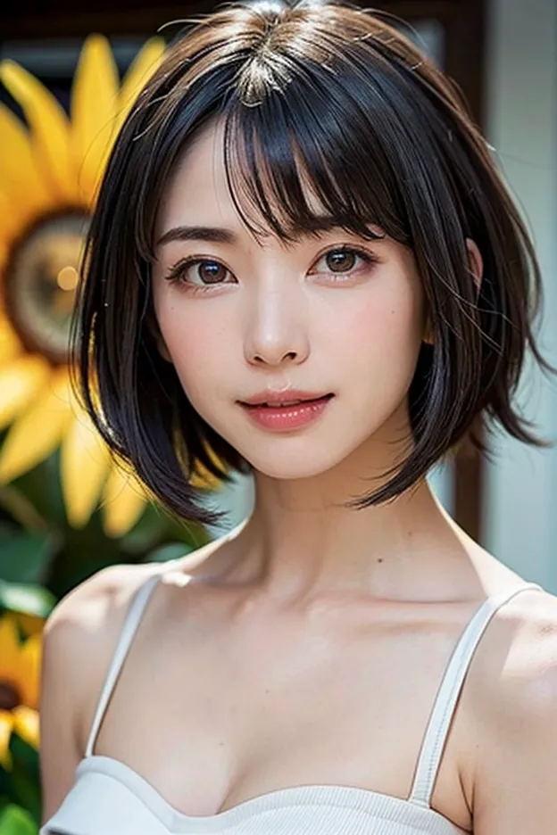 (Ultimate Masterpiece、 top quality、Ultra High Resolution、 face focus focus 、Focus on the side、neckline、Very attractive beauty、add strong highlights to the eyes、look closely at the camera:1.4、Really beautiful bangs:1.short brunette bob(bangs:1.4), dark ha...