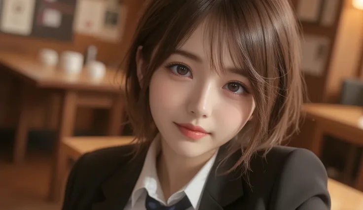 8k,Ultra High Resolution , top quality, Masterpiece,rule of thirds,golden ratio,surreal,Picture, one woman,upper body, cute face,dark haired,short hair,wavy hair,blazer uniform uniform,small breasts,smiling high school girl,beautiful eyes,Japanese high sch...