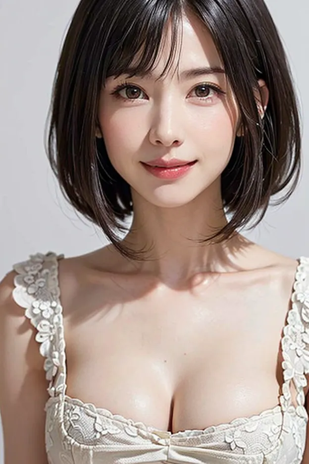 (Ultimate Masterpiece、 top quality、Ultra High Resolution、 face focus focus 、Focus on the side、neckline、Very attractive beauty、add strong highlights to the eyes、look closely at the camera:1.4、Really beautiful bangs:1.short brunette bob(bangs:1.4), dark ha...