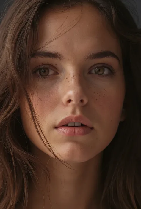 19-year-old girl, hazel eyes, long hair, small rounded nose, square face, straight bushy eyebrows, medium to olive skin color, oval lips, thinner upper lip, closeup, muy realista, 16k, piel texturizada, obra de arte, muy premiado