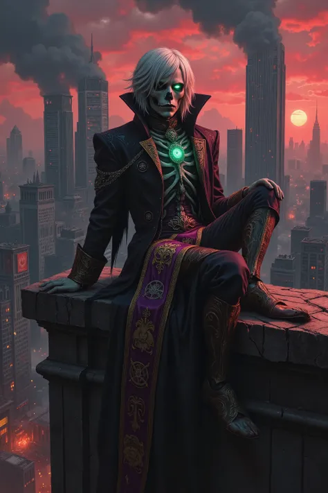 A high-resolution digital painting of a regal yet corrupted Lich Princess seated atop the broken edge of a ruined skyscraper, surveying a crumbling modern metropolis. His face is half skeletal, with one glowing arcane eye set deep within a bony socket, whi...