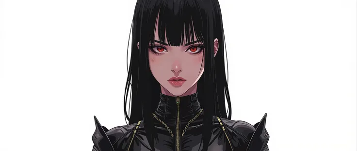 masterpiece, latest, very aesthetic, A very beautiful 28-year-old adult woman, sexy body, gothic, long hair, with semi-parted bangs on the side, straight hair with cyberpunk style, black hair, she is wearing a leather outfit with metallic adornments, cyber...