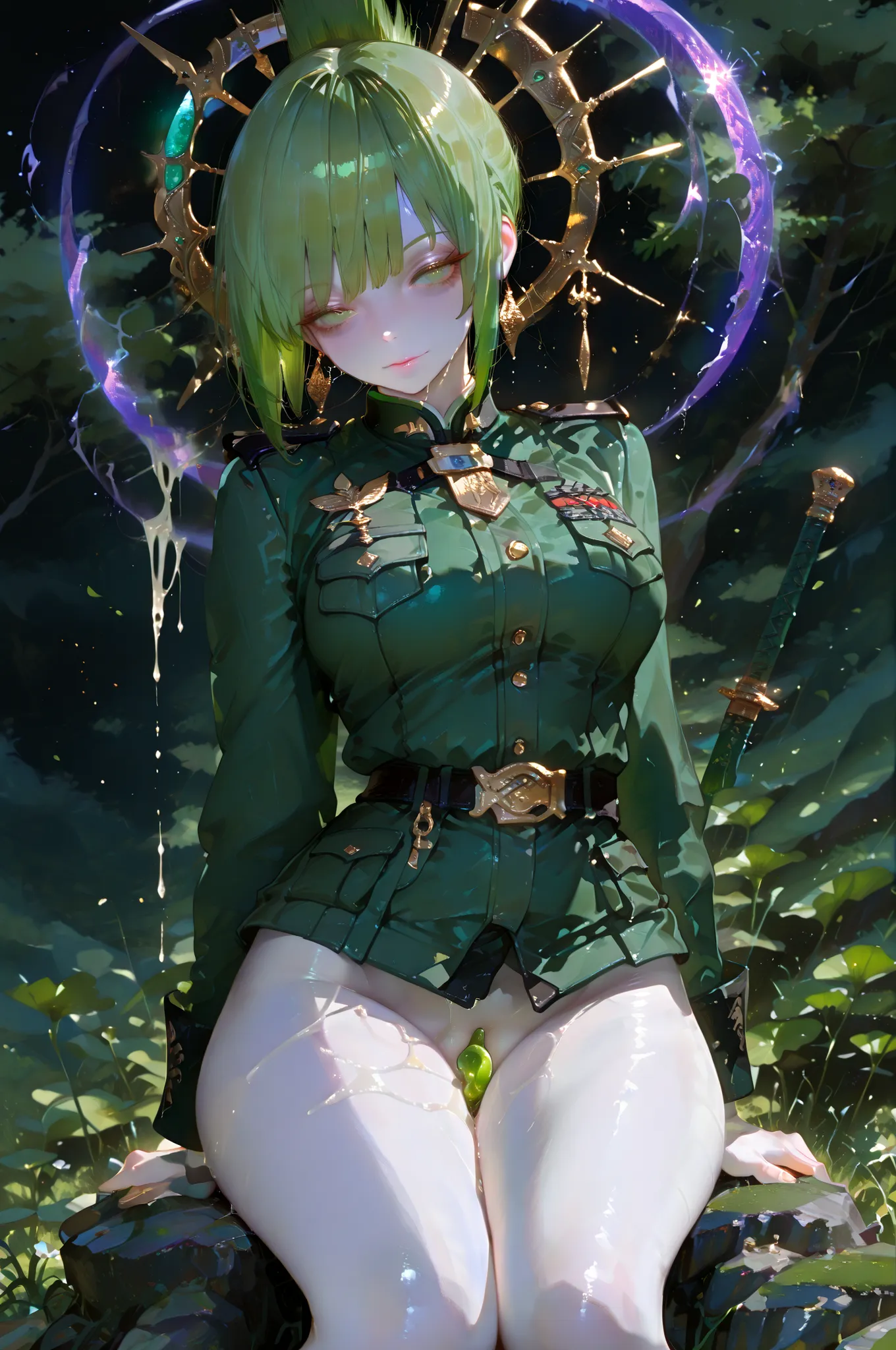 masterpiece, best quality, amazing quality, very aesthetic, high resolution, hyper-detailed,rating_explicit, fan art, nsfw, mature beautiful woman, two-head figure, ginger hair, mohawk haircut, medium breasts, wide hips, pale skin,full body, sensual green ...