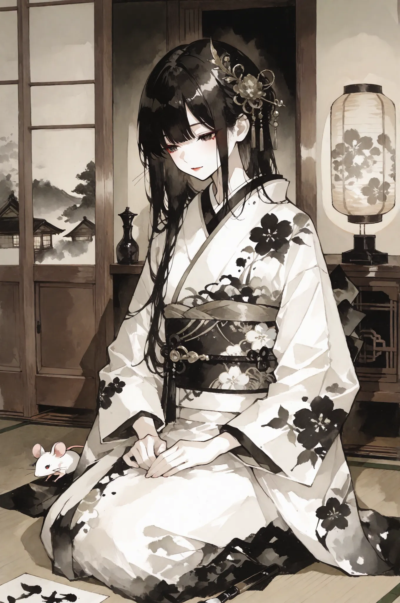 最高品質, 水墨画風, 芸術的筆致, 1girl, traditional japanese ink painting, elegant woman, small mouse, japanese house interior, ink wash effects, detailed brush strokes, flowing kimono in ink style, traditional room with tatami, ink gradient shoji screens, wooden archit...