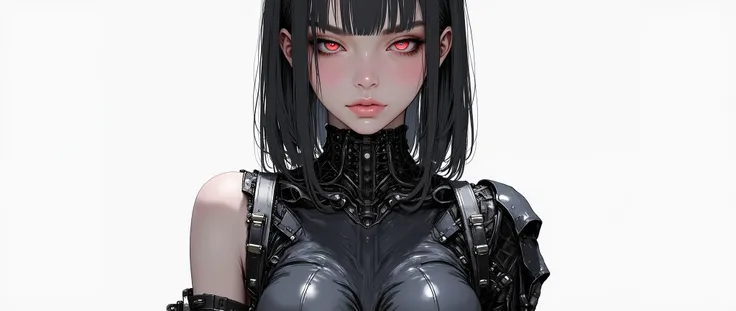 masterpiece, latest, very aesthetic, A very beautiful 28-year-old adult woman, sexy body, gothic, long hair, with semi-parted bangs on the side, straight hair with cyberpunk style, black hair, she is wearing a leather outfit with metallic adornments, cyber...