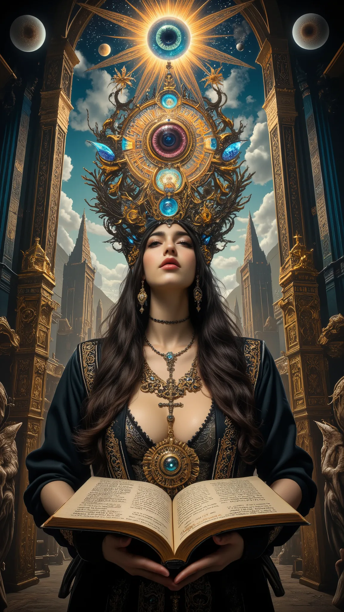 Surreal Painting,  An extravagant, mysterious female figure, gazes at viewer with secret smile,dressed in intricately embroidered black and white medieval clothing that fits her form perfectly , A jeweled rosary necklace with a large crucifix rests on her ...