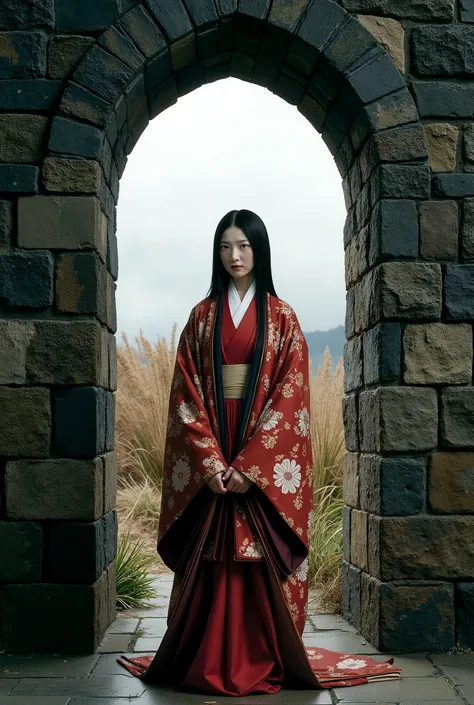 A hyper-realistic photo of a slender, beautiful Japanese girl with a melancholic expression, dressed in a richly layered jūnihitoe kimono in the style of a Heian-period noblewoman. She stands solemnly within the fortress walls of an ancient European castle...