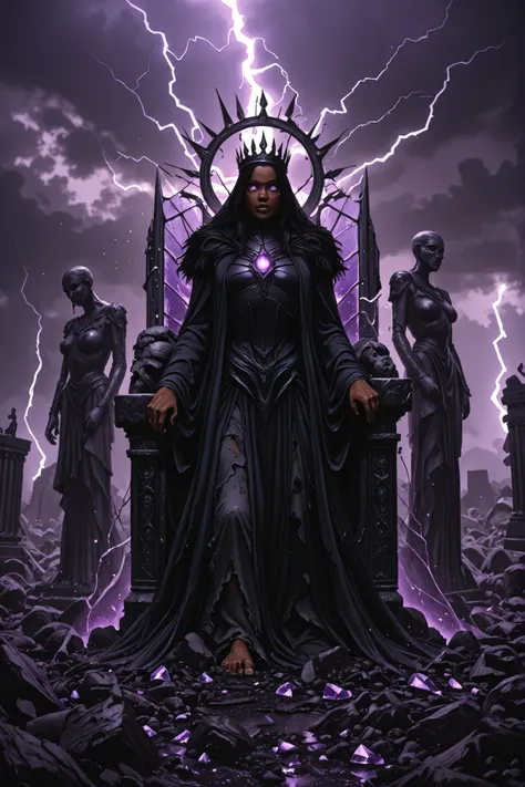 A post-apocalyptic monarch Dark skinned, black hair, bright purple eyes, wearing a black coat and cargo pants, standing atop a ruined throne in a shattered wasteland. The monarch wears a cracked, ancient crown fused with wires and glowing crystals. Their r...