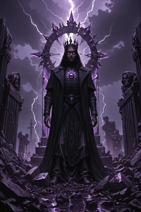 A boy, an post-apocalyptic monarch, Dark skinned, black hair, bright purple eyes, wearing a black coat and cargo pants, standing atop a ruined throne in a shattered wasteland. The monarch wears a cracked, ancient crown fused with wires and glowing crystals...