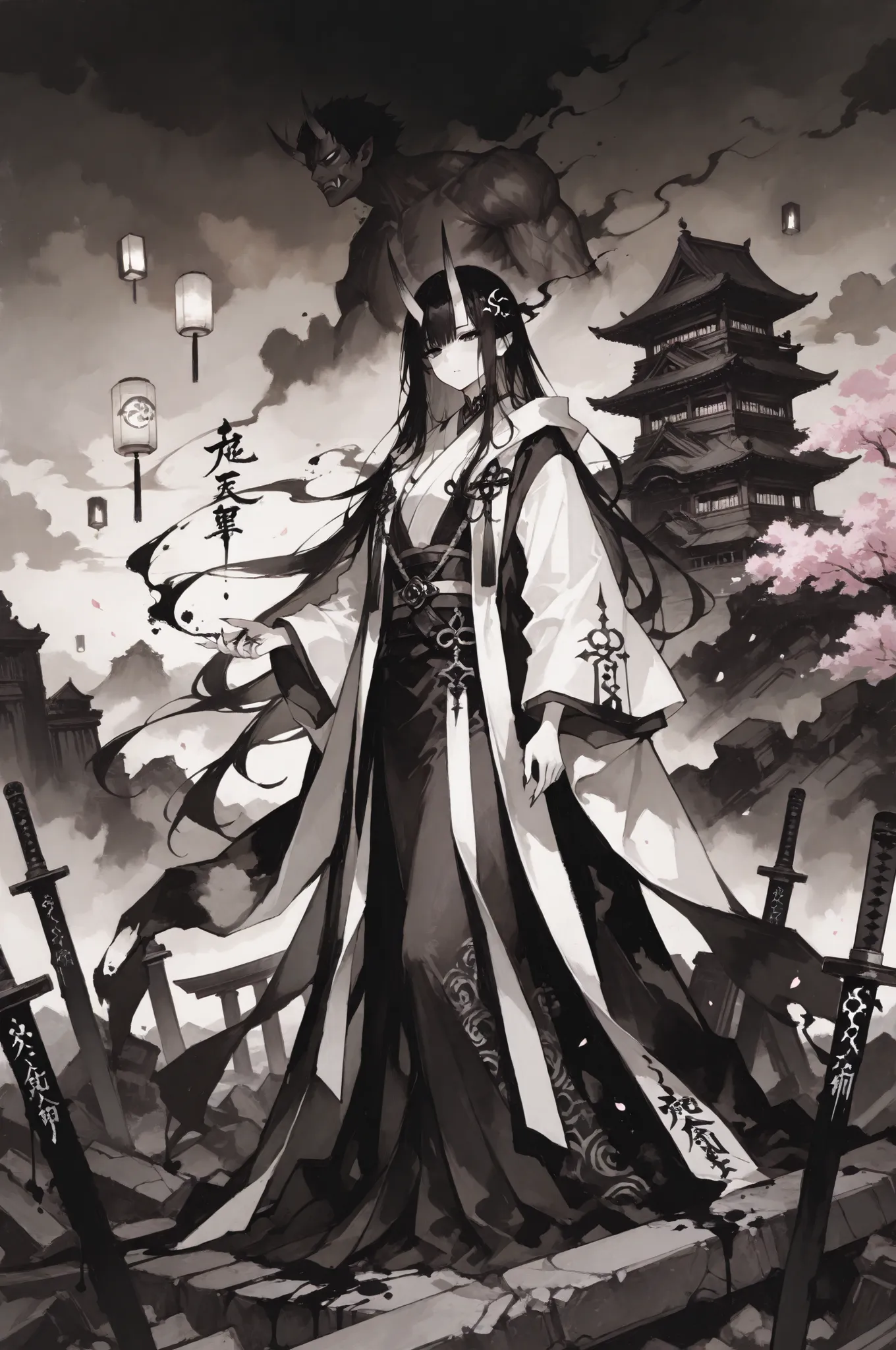 最高品質, 水墨画絶品, 幽玄描写, japanese noble, oni demon, apocalyptic ink painting, end of world, traditional japanese style, flowing noble kimono, fierce oni mask, crumbling japanese castle, dark storm clouds, ink splash effects, elegant noble stance, falling cherry ...