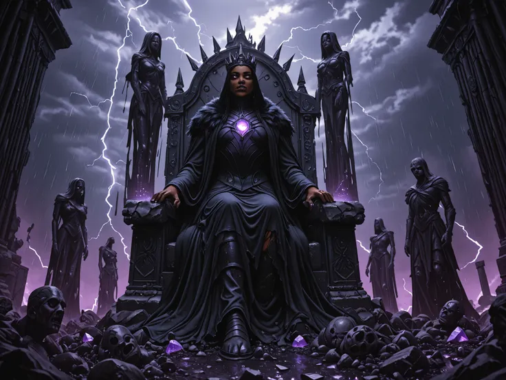 A post-apocalyptic monarch Dark skinned, black hair, bright purple eyes, wearing a black coat and cargo pants, standing atop a ruined throne in a shattered wasteland. The monarch wears a cracked, ancient crown fused with wires and glowing crystals. Their r...