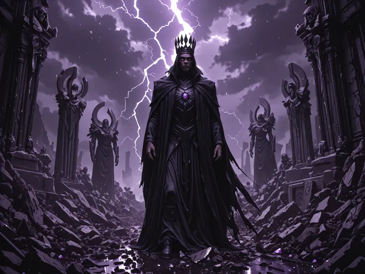 A boy, an post-apocalyptic monarch, Dark skinned, black hair, bright purple eyes, wearing a black coat and cargo pants, standing atop a ruined throne in a shattered wasteland. The monarch wears a cracked, ancient crown fused with wires and glowing crystals...