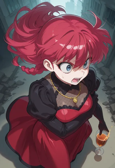 safe_pos, Ranma Saotome. red hair. pigtail. blue eyes. braid. small breasts. huge hips. necklace. black eyeliner. pink manicure. | score_9, score_8_above, score_7_above, score_6_above, score_5_above, score_4_above, super detailed, extreme detailed, masterp...