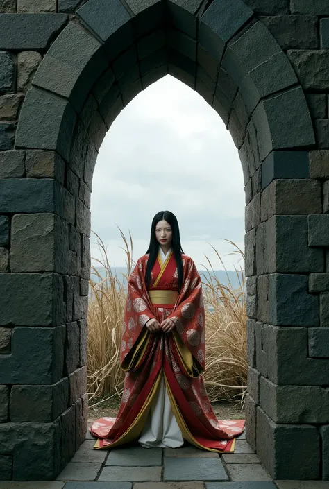 A hyper-realistic photo of a slender, beautiful Japanese girl with a melancholic expression, dressed in a richly layered jūnihitoe kimono in the style of a Heian-period noblewoman. She stands solemnly within the fortress walls of an ancient European castle...