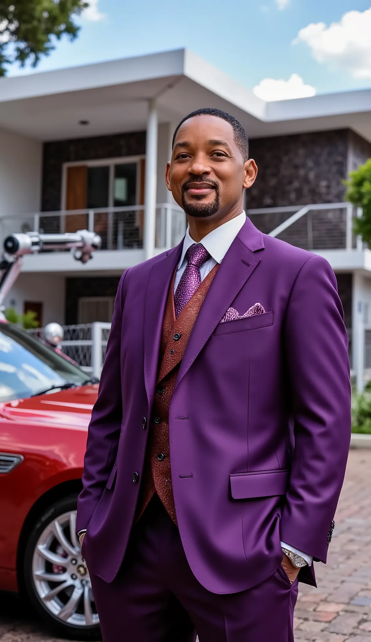 Will Smith in a high-quality purple and red suit, focus on his face, background, a luxury kit-house house with an ultra realistic luxury car and people and robot arms hanging from the house.