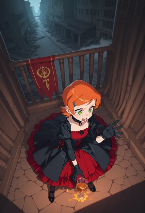 Gwen Tennyson . ginger . short hair . green eyes . flat breasts, flat chest, huge hips . slim body . choker . | score_9, score_8_above, score_7_above, score_6_above, score_5_above, score_4_above, super detailed, extreme detailed, masterpiece,best quality,...