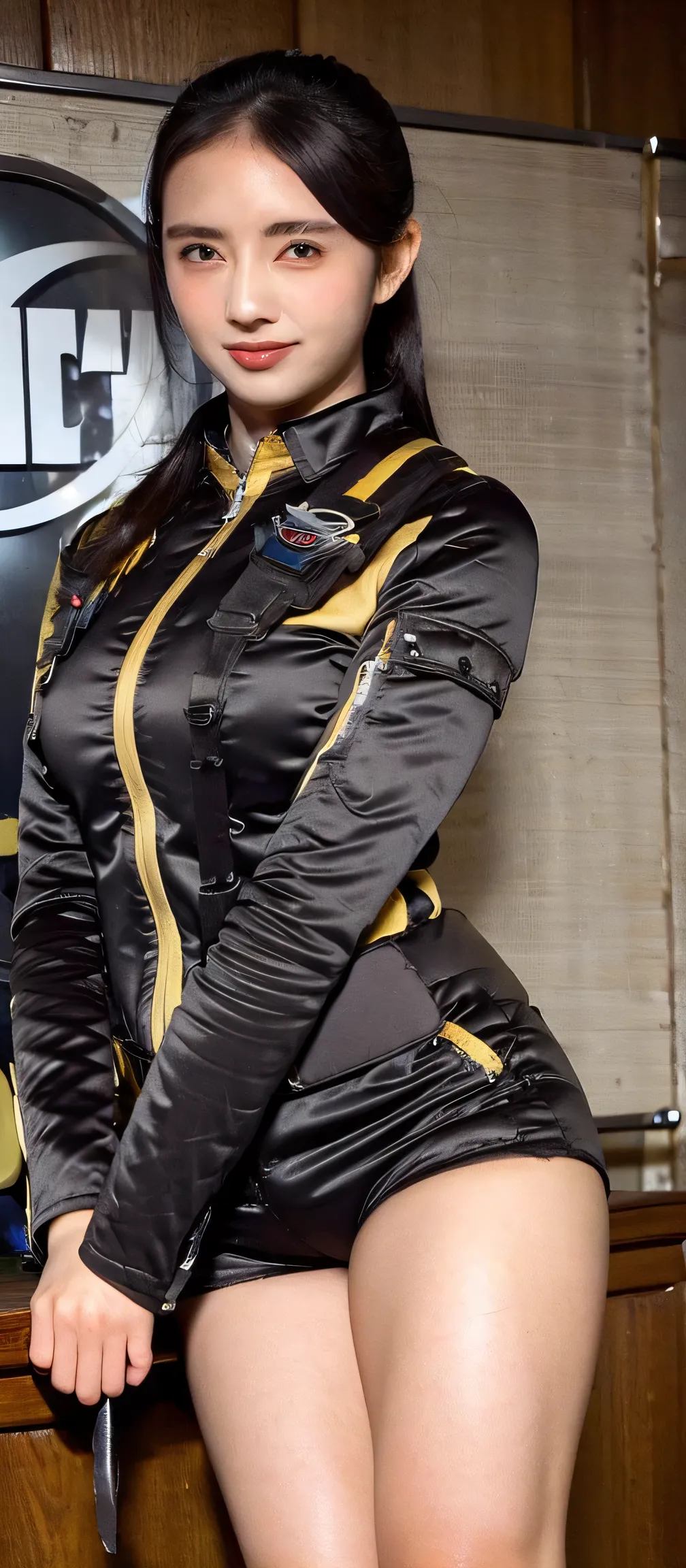 (   extremely realistic ), ( top quality), ((round,            SMALL AND PRECISE FACE           )),short shorts,black gloves,黒 shorts, boots,jacket,shorts, dark hair ,big boobs,adult woman , Her breasts are big and rounded, The clothes are perfect for that...