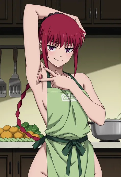 score_9, score_8_up, score_7_up, score_9,4k, HD, 8k, highres, masterpiece, best quality, cowboy shot, anime style, anime screencap, anime coloring, flat colors, solo, 1girl, Lu, Lu (Sakamoto Days), Red Hair, Long Hair, Braided Ponytail, Purple Eyes, naught...