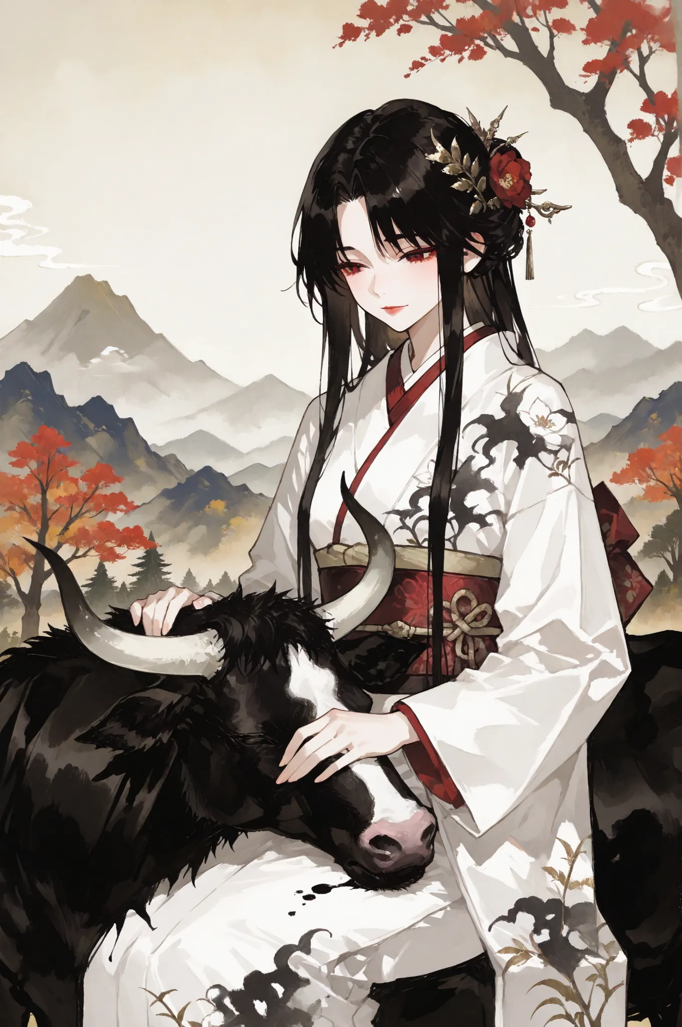 最高品質, 水墨画絶品, 豪快筆致, 1girl petting ox, gentle touching scene, bold ink painting, natural landscape, mountain backdrop, elegant woman, massive gentle ox, dramatic thick ink lines, flowing kimono details, pine trees silhouette, tender interaction, misty valley...