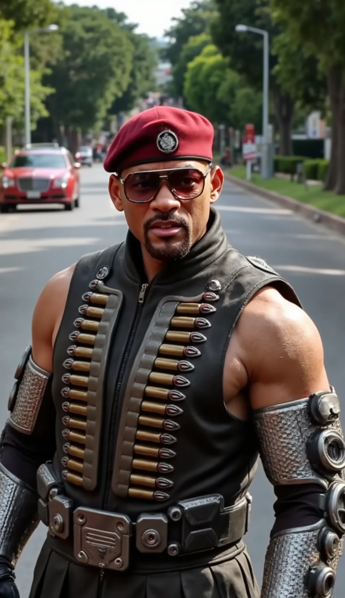Will Smith como  Jax MKDA (Mortal Kombat: Deadly Alliance) Focus on the face

Overall appearance: , com boina vermelha, dark glasses and ammunition crossed on the chest.

 arms:  The arms are silver and black with exposed joints, , reminiscent of pistons, ...