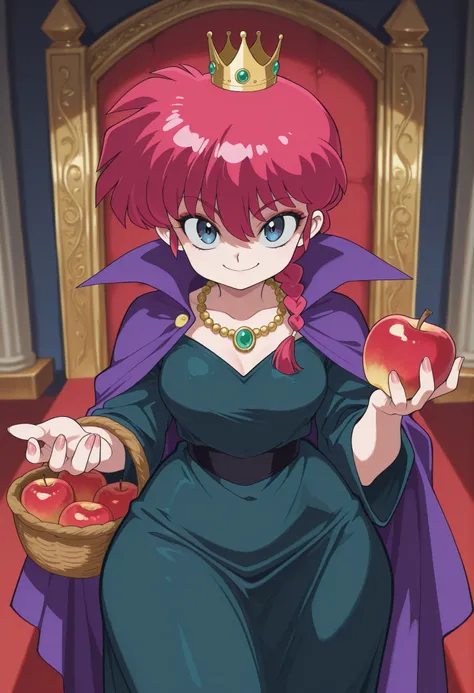 safe_pos, Ranma Saotome. red hair. pigtail. blue eyes. braid. small breasts. huge hips. necklace. black eyeliner. pink manicure. | grimhilde, 1girl, cape, cloak, crown, dress, makeup, retro artstyle, throne room, robe, wicked smile, basket, holding apple, ...