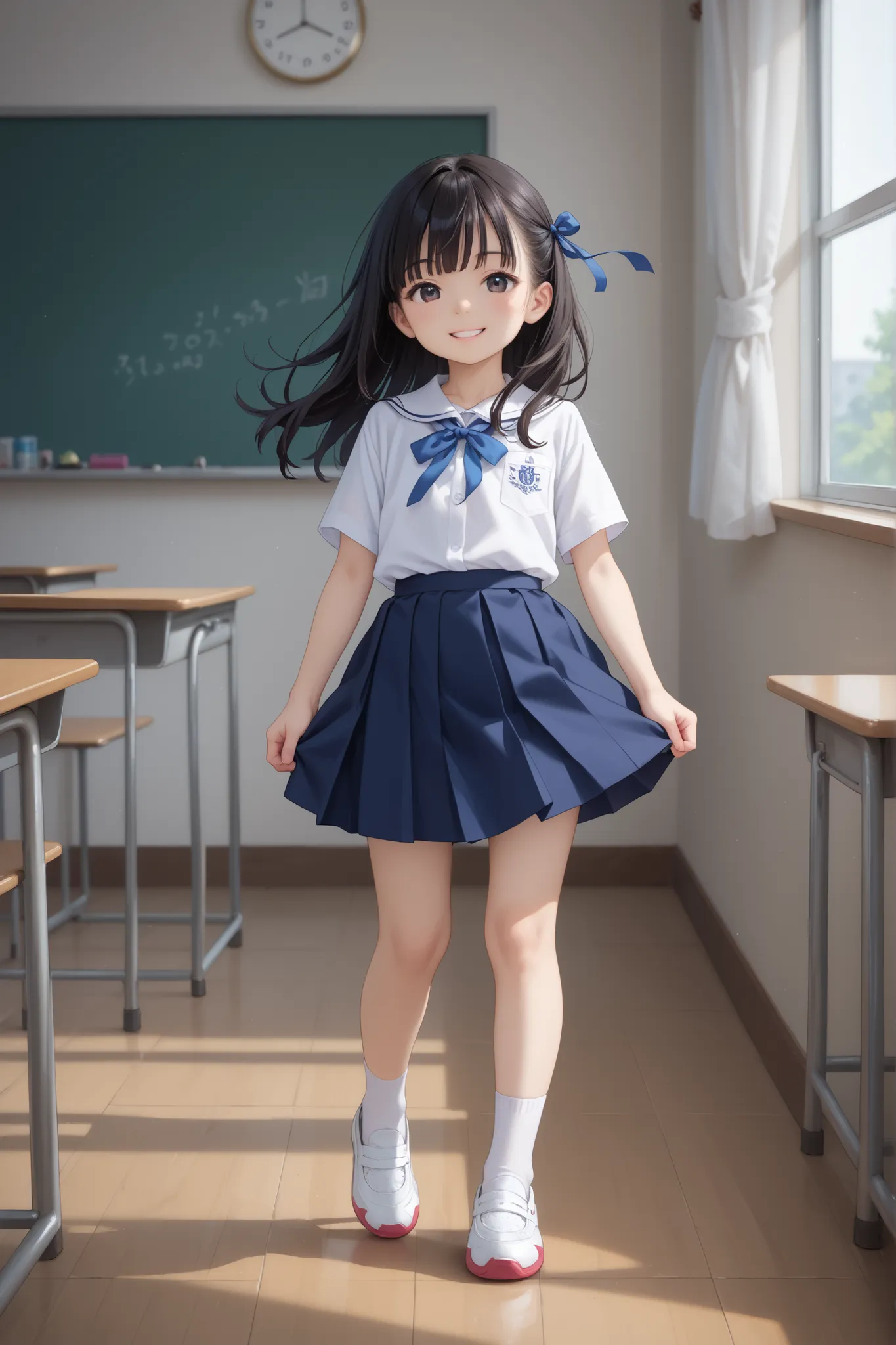 score_9, score_8_up, score_7_up, source_anime, masterpiece, highest quality, young girl, black eye, black hair, long hair, white shirt, short sleeve, school ribbon, navy blue skirt, white socks, white shoes, in classroom, smile, wind blows, full body