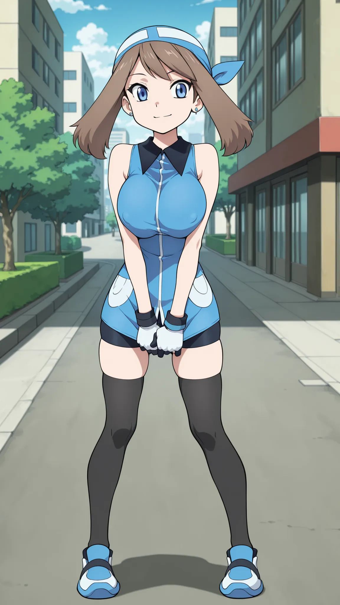 adult older sister, Tall, big boobs, Place your hands on your crotch, black knee-high stockings, Absolute region, thighs, Blue shoes, blue bandana, blue sleeveless tunic, Miwaki, black mini bike shorts, gloves, ((top quality)), ((masterpiece)), ((details))...
