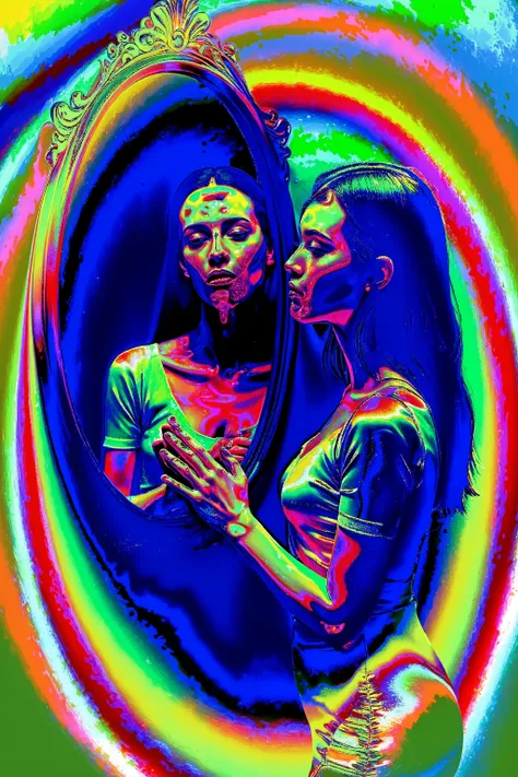 A young woman stands in front of an ornate framed mirror, gazing intently at her reflection. Her body is turned slightly to the side, revealing the contours of her silhouette accentuated by a form-fitting short-sleeved dress. The dress shimmers with multic...