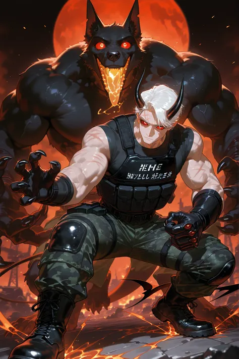 A tall furry demon who looks like a middle-aged man. He has darkest black furry skin, a strong, muscular build, and a broad-shouldered figure. He has a long neck and long pointed jackal ears, a long black wolf's bushy tail. He has sharp claws and dog paws....