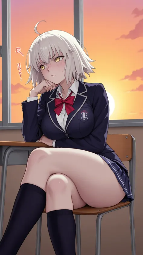 Jeanne D'Arc alter from fate Grand order,yellow eyes, Medium tits, wide hips, body in shape, school uniform, annoying expression , blushed, vista lateral,Window with the sunset, tsundere, 1 girl, sitting in the chair, crossed legs, vista lateral, hand re...