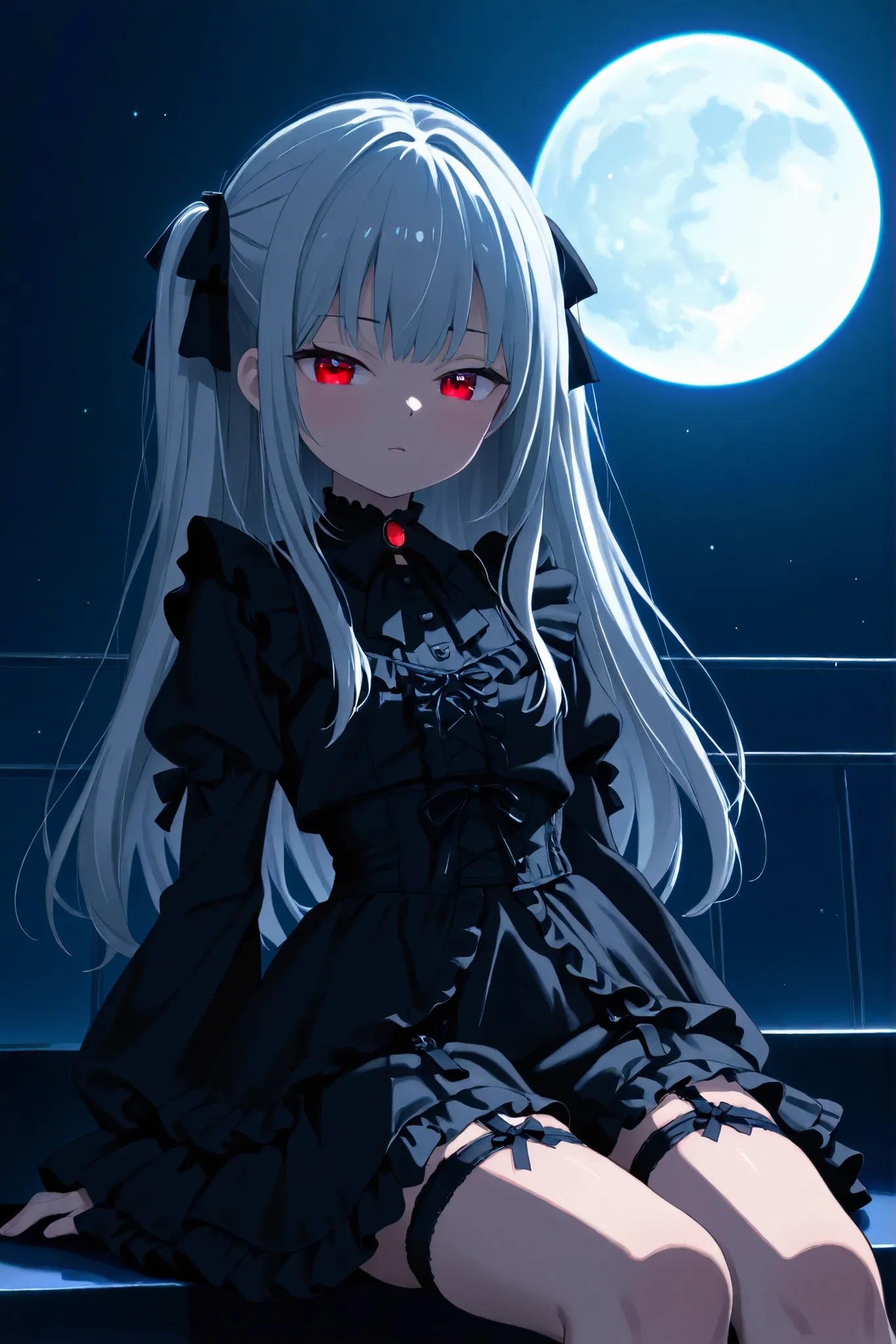 Beautiful girl、 Silver Hair、red eyes、 smooth hair、Petite、Black Gothic Lolita、Very Short Skirt、Black Garter Belt、black pumps、Condescending Eyes、low angle、stage、night、big month、moonlight、anime style, High Quality, 8k, Super Detailed, sitting