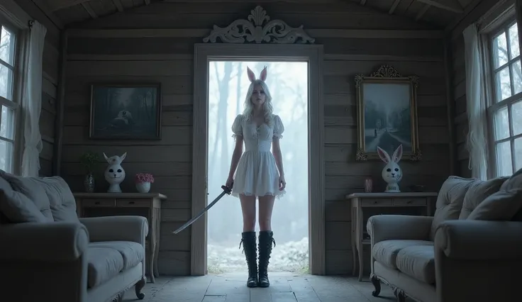A young woman with albinism (albino), glowing pale skin and long white platinum hair, standing in the doorway of a dilapidated wooden cabin. She wears a short white vintage puff-sleeve dress, (army boot), holding a katana sword. She wears a spooky rabbit m...