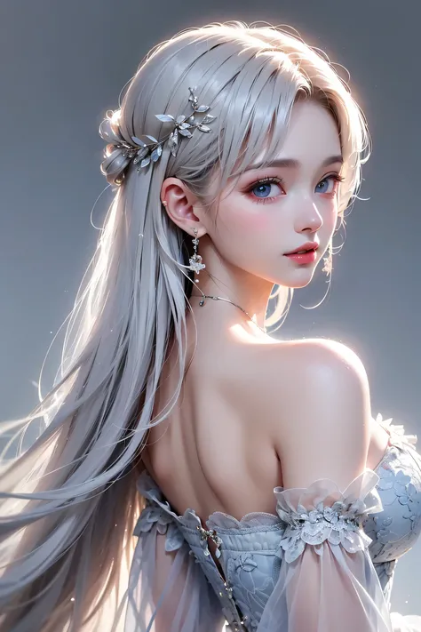((From the side)), (masterpiece),(top quality:1.2),(perfect anatomy), portrait, exquisite detail,((1 girl)),Long Silver Hair,((beautiful medium breasts)), Poses With Sex Appeal, temptation, beautiful and delicate blue eyes , white long dress,I'm wearing ...