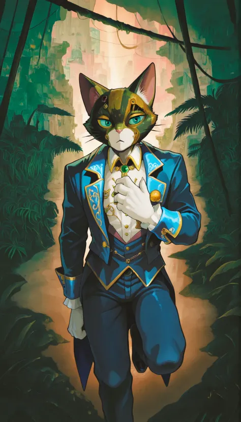 1man, anthro, Bipedal cat, anime cat, aristocrat cat, cat in blue aristocrat suit, jungle in the city, jungle,Apocalyptic city, jungle city, Cat in the middle of the jungle, 