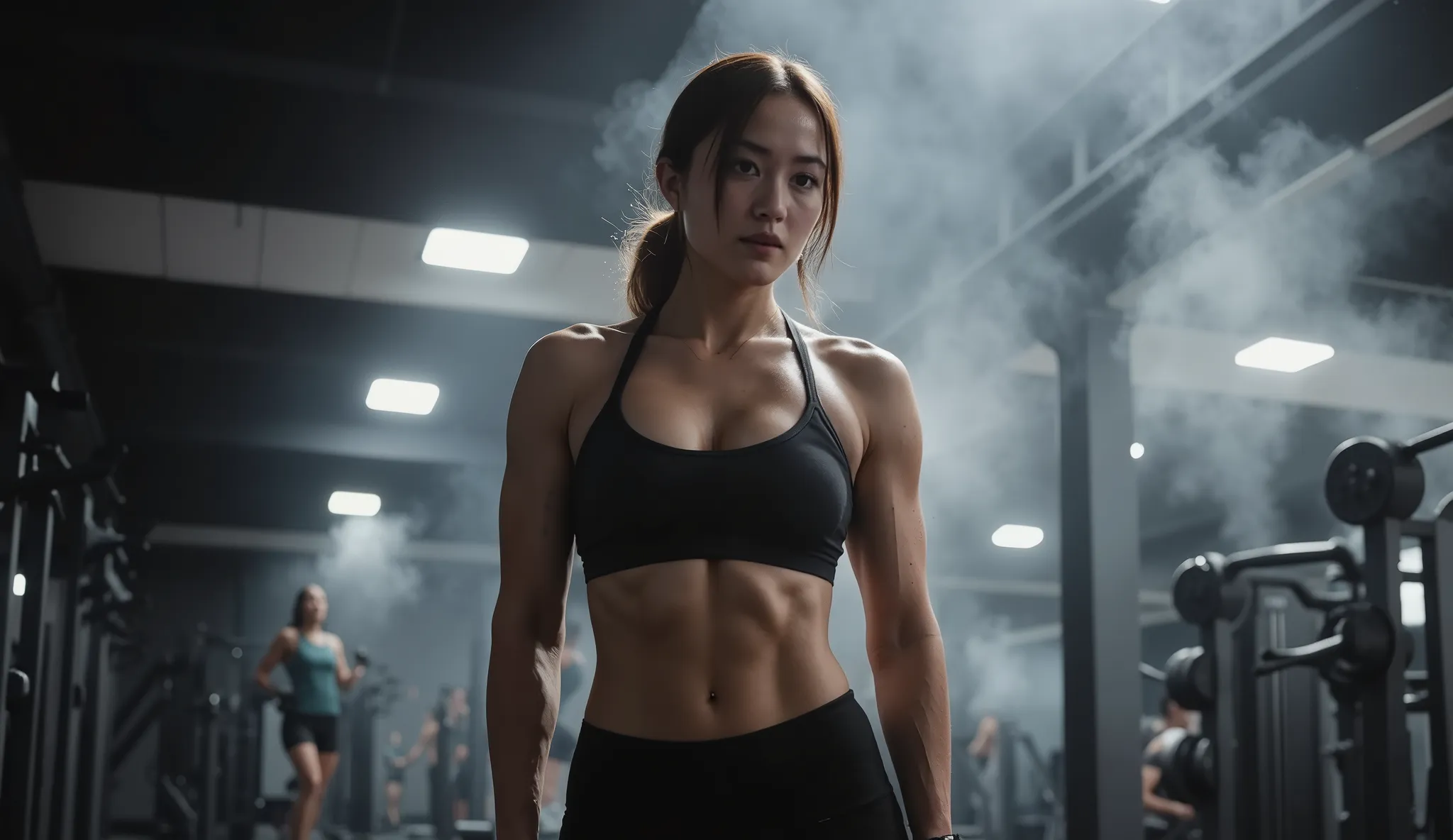 a muscular athletic woman just finished weight training, standing still with sweat on her skin, subtle steam rising from her body, fixed camera angle, only the steam gently sways, intense gym atmosphere, moody dark lighting, smooth seamless loop
