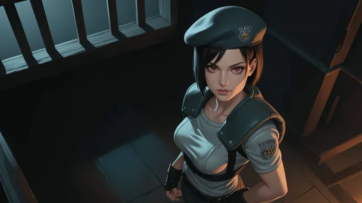 score_9, score_8_above, score_7_above, score_6_above, score_5_above, score_4_above, photoshop \(Half\), Re1jill, Red Eyes, black bob cut, beret, breasts, cat ears fingerless gloves
, dark environment, mansion, interiores, mood changing lighting