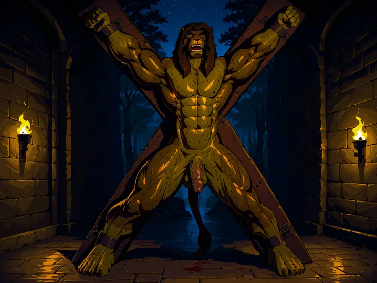 x-cross (bdsm),bondage, restrained, legs apart,in Stocks Pose,Cuffs on Ankles and Wrists,x-cross (bdsm),bondage, restrained, legs apart,canyne_khai,(masterpiece, highly detailed face, detailed realistic brown eyes), Galen Dhaelos, lion head, 1boy, solo, da...