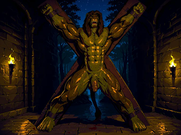 x-cross (bdsm),bondage, restrained, legs apart,in Stocks Pose,Cuffs on Ankles and Wrists,x-cross (bdsm),bondage, restrained, legs apart,canyne_khai,(masterpiece, highly detailed face, detailed realistic brown eyes), Galen Dhaelos, lion head, 1boy, solo, da...