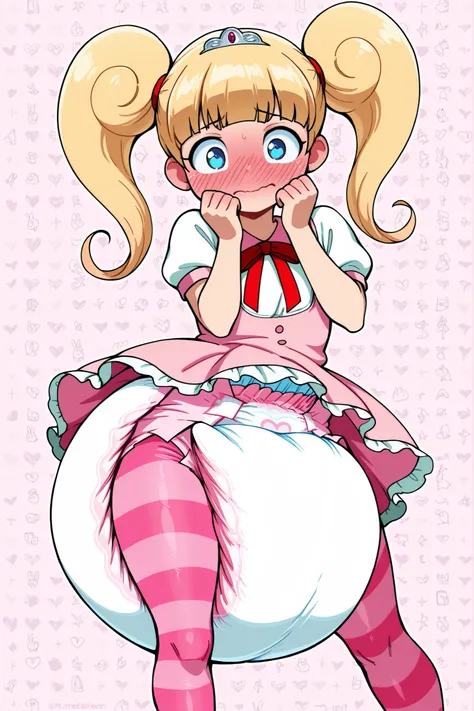 high resolution, amazing quality, best quality, very beautiful, masterpiece, very high resolution, in demand, one girl, small stature, blonde hair, pigtails, blue eyes, short stature, dress, diaper, huge diaper, thick diaper, chunky diaper, pink diaper, st...