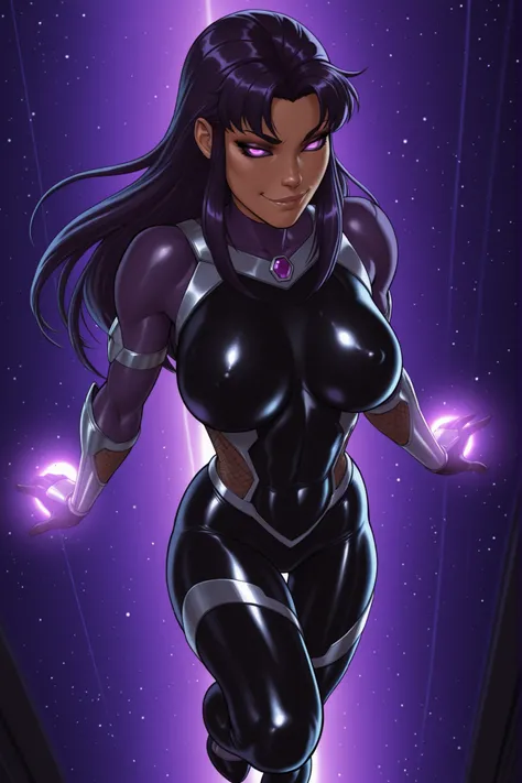 ,,lazypos,,Smooth_Quality,IllusP0s,(masterpiece,best quality,ultra_detailed,highres,absurdres:1.2,amazing quality,very aesthetic),source_cartoon,(taimanin_bodysuit) , above view ,dandonfuga_style,blackfirett, blackfire from dc, 1girl, solo, long hair, (glo...