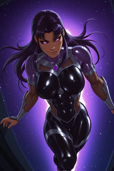 ,,lazypos,,Smooth_Quality,IllusP0s,(masterpiece,best quality,ultra_detailed,highres,absurdres:1.2,amazing quality,very aesthetic),source_cartoon,(taimanin_bodysuit) , above view ,dandonfuga_style,blackfirett, blackfire from dc, 1girl, solo, long hair, (glo...