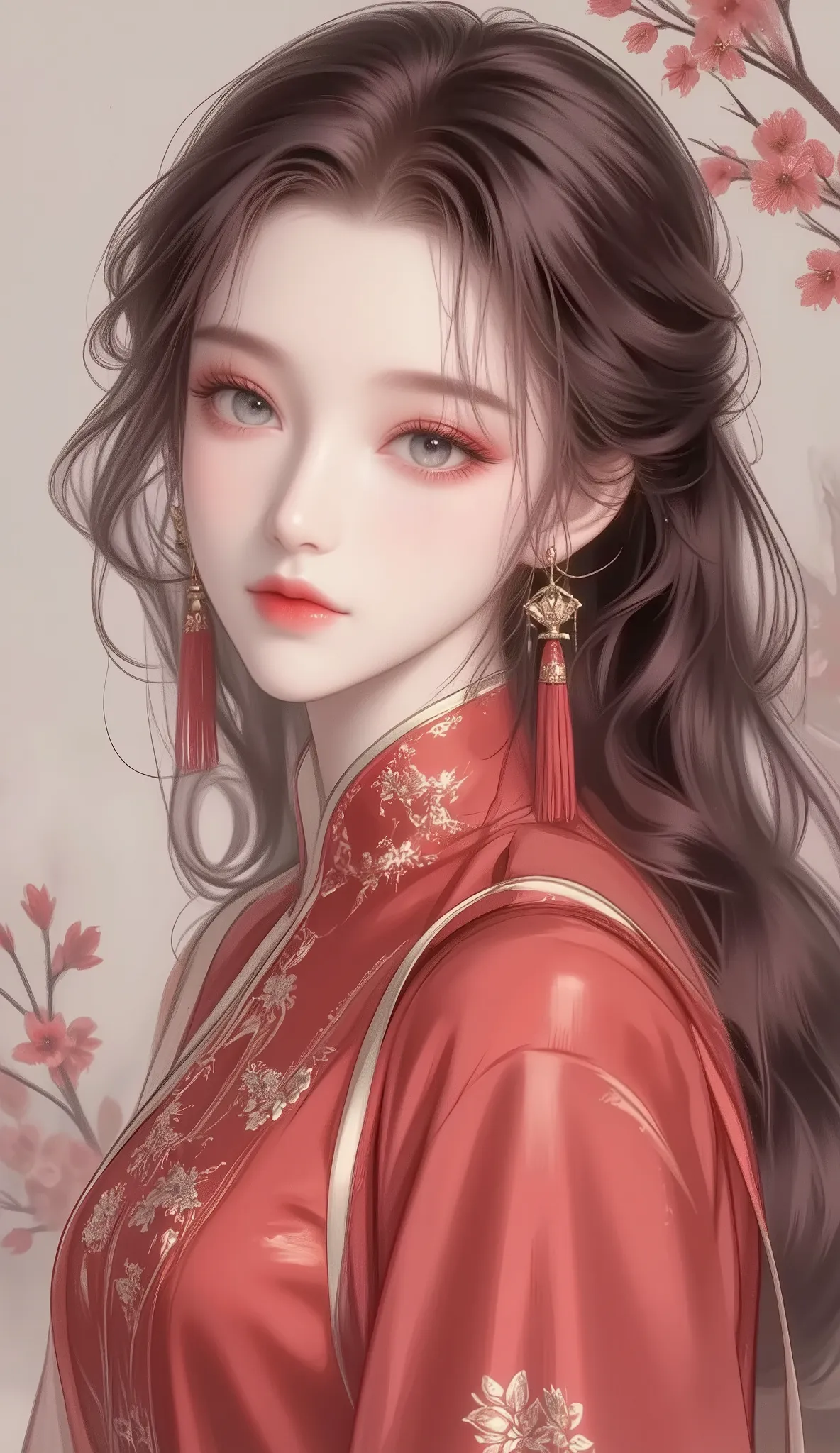 Young woman in vintage chinese red dress, black straight hair