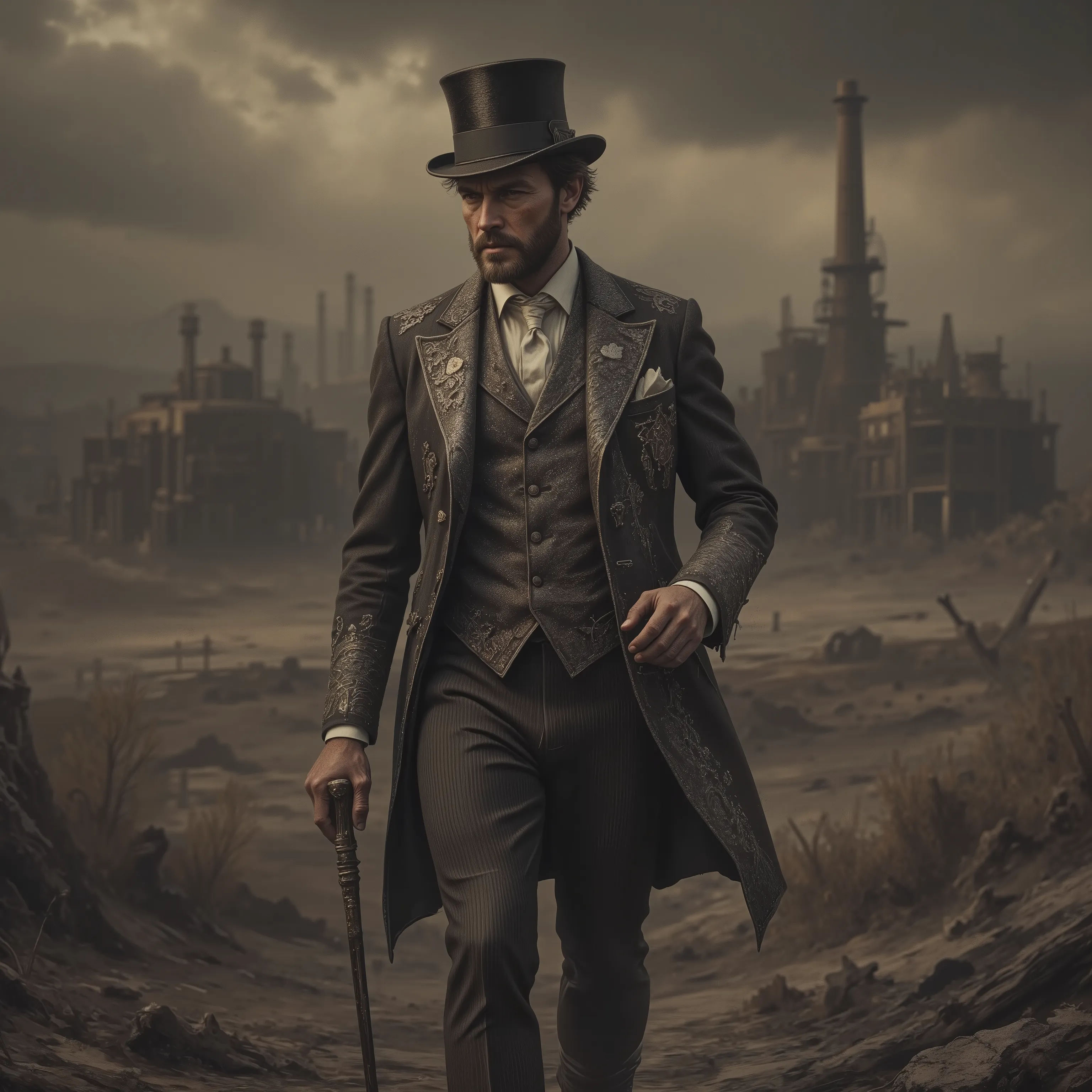 solo,detailxl, Top Hat, Walking stick, formal suits with silver embroidery, noble man, dystopia background, landscape,traveler