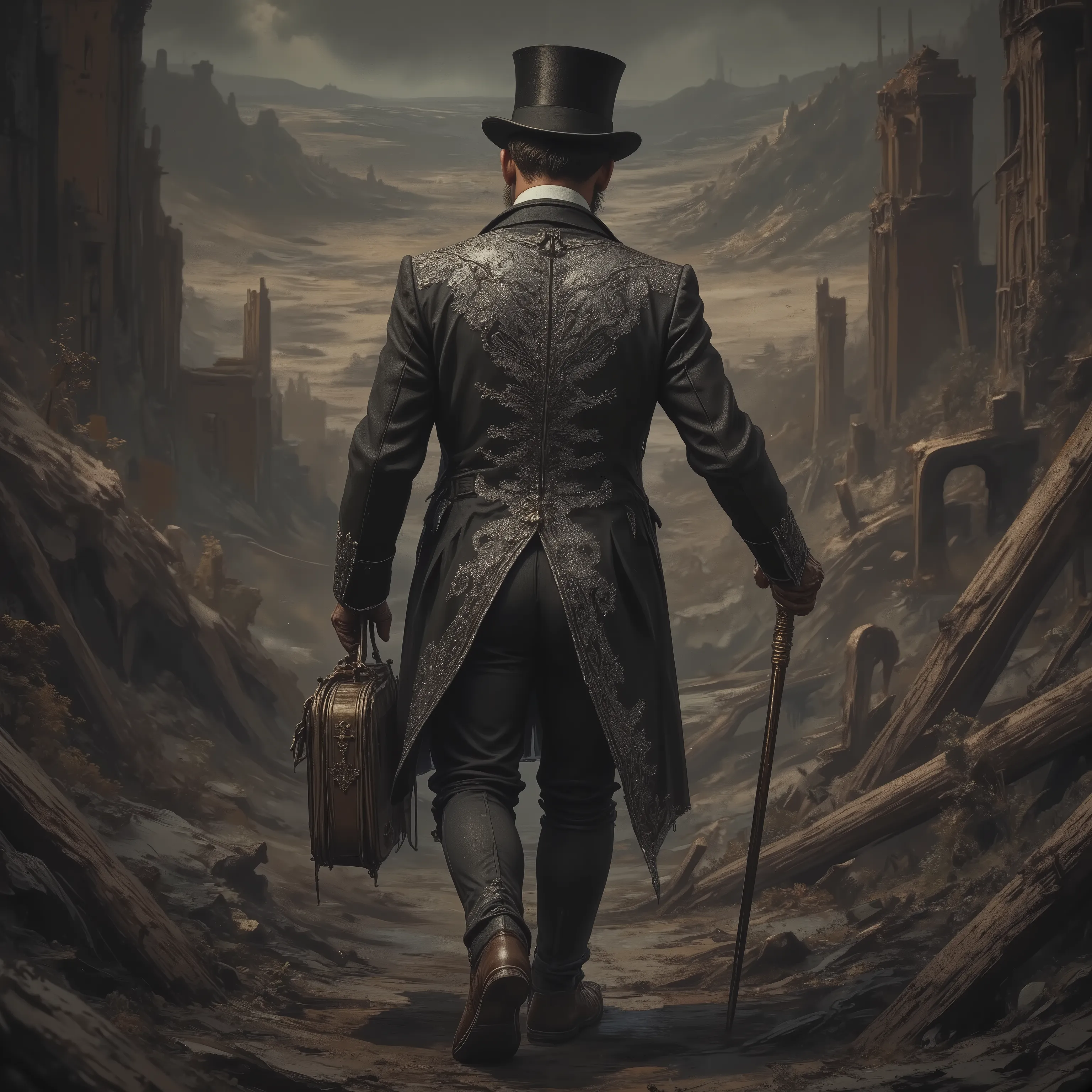 solo,detailxl, Top Hat, Walking stick, formal suits with silver embroidery, noble man, dystopia background, landscape,traveler, from behind,distant view