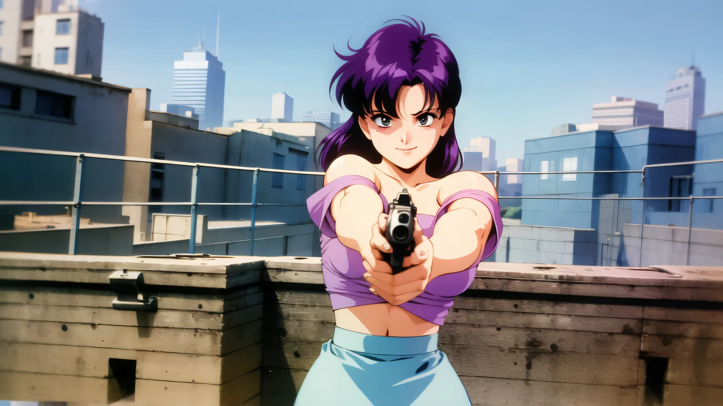 1个Giant Breast Girl, Alone, looking at viewer, smirking, light blue short sleeve shirt, a dark blue skirt, exposed bare shoulders, Purple colored hair, cropped shoulders, off-the-shoulder shirt, holding a pistol, action shot, retro artstyle, 1990s \(style\...